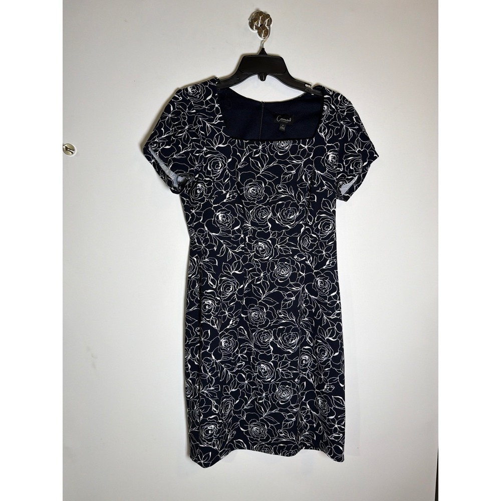 Connected Apparel Womens Navy Blue White Floral Sheath Dress Square Neck Size 4